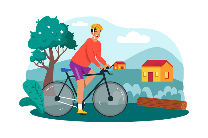 Ciclista faz passeio de bicicleta pelo campo para apreciar a paisagem matinal  Ilustração