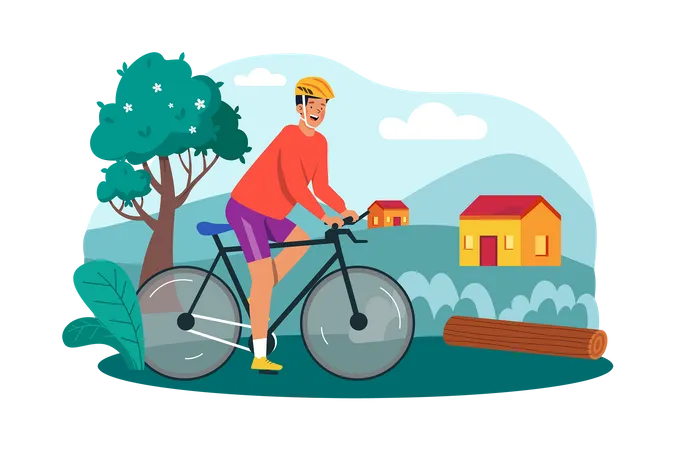 Ciclista faz passeio de bicicleta pelo campo para apreciar a paisagem matinal  Ilustração