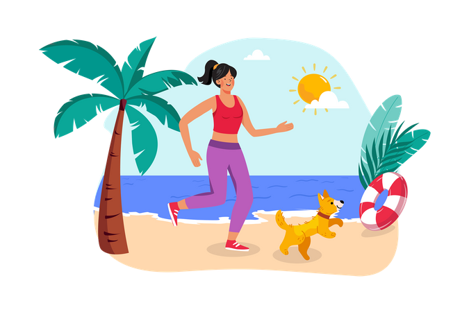 Um corredor corre pela praia para começar o dia com uma atividade refrescante  Ilustração