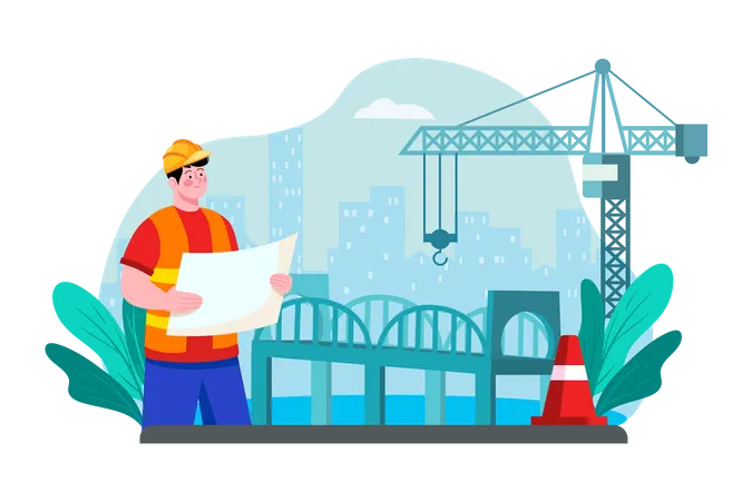 Um empreiteiro supervisiona a construção de uma ponte sobre um grande rio  Ilustração