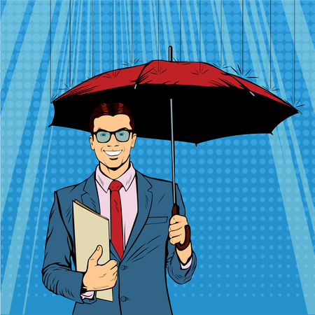 Um empresário de pé segurando guarda-chuva protegendo seu dinheiro para investimentos, gestão de dinheiro. Economizar dinheiro para qualquer crise financeira virá. Um estilo contemporâneo. Ilustração em vetor retrô pop art  Ilustração