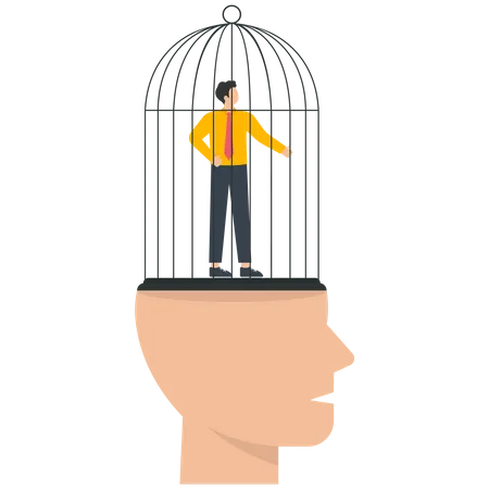 Um empresário em uma gaiola sobre uma cabeça humana  Ilustração