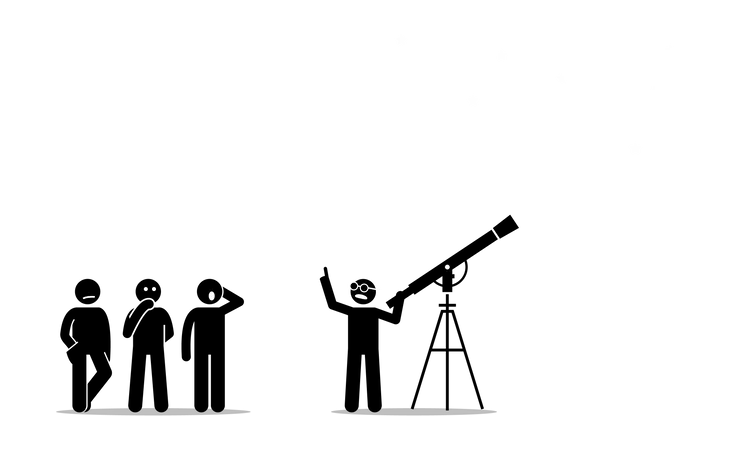 Um Fisico Com Um Telescopio Contando E Explicando As Pessoas Sua Descoberta Sobre As Estrelas A Lua E O Espaco Conceito De Ilustracao Vetorial De Descobertas Conhecimento Descobertas E Revelacao Ilustração