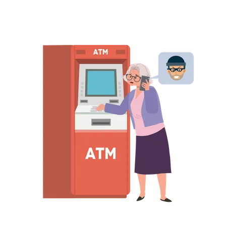 Um golpista engana uma senhora idosa para que transfira dinheiro em um caixa eletrônico  Ilustração