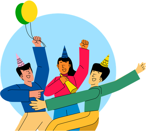 Um grupo de amigos comemorando com balões e chapéus de festa em um ambiente alegre e colorido  Ilustração
