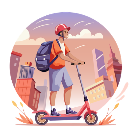 Um homem andando de scooter em uma cidade  Ilustração