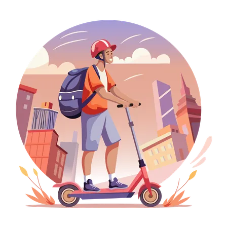 Um homem andando de scooter em uma cidade  Ilustração