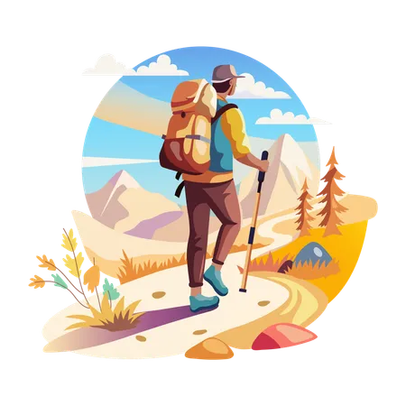 Um homem caminhando por um caminho estranho  Ilustração