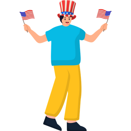 Um homem comemorando o Dia da Independência segurando a bandeira dos Estados Unidos  Ilustração