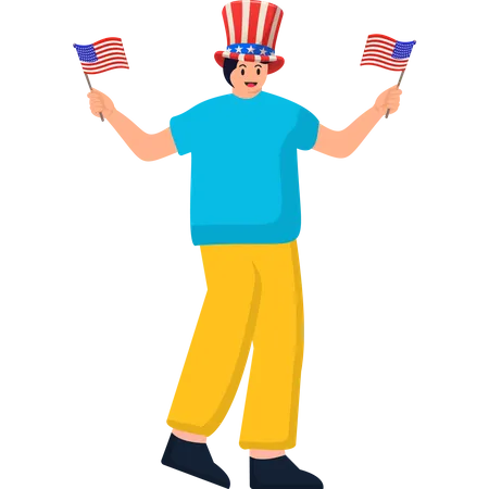 Um homem comemorando o Dia da Independência segurando a bandeira dos Estados Unidos  Ilustração