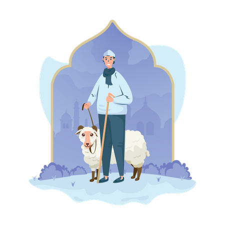 Um homem muçulmano andando com ovelhas  Ilustração