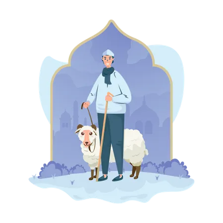 Um homem muçulmano andando com ovelhas  Ilustração