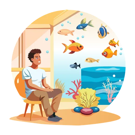 Um homem observando aquário de peixes  Ilustração