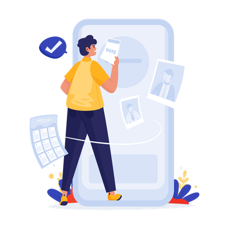 Um homem participa de votação eleitoral online  Ilustração