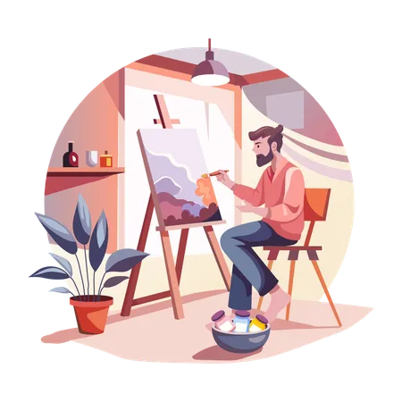 Um homem pintando em tela  Ilustração