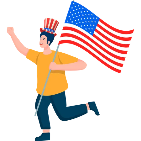 Um homem segurando a bandeira dos EUA no Dia da Independência  Ilustração