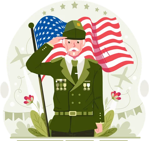 Um veterano sênior do sexo masculino saudando no Dia dos Veteranos com uma bandeira americana tremulante  Ilustração