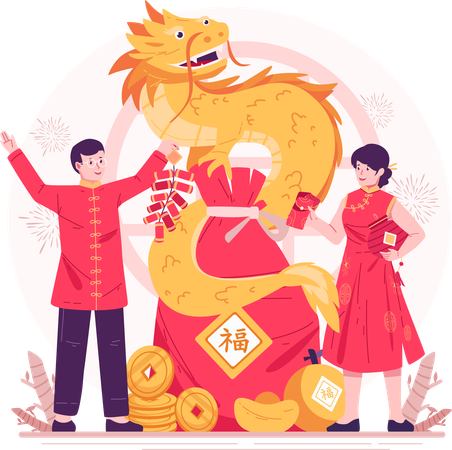 Um jovem casal em trajes tradicionais chineses comemora o ano novo chinês com um dragão amarelo  Ilustração