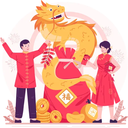 Um jovem casal em trajes tradicionais chineses comemora o ano novo chinês com um dragão amarelo  Ilustração