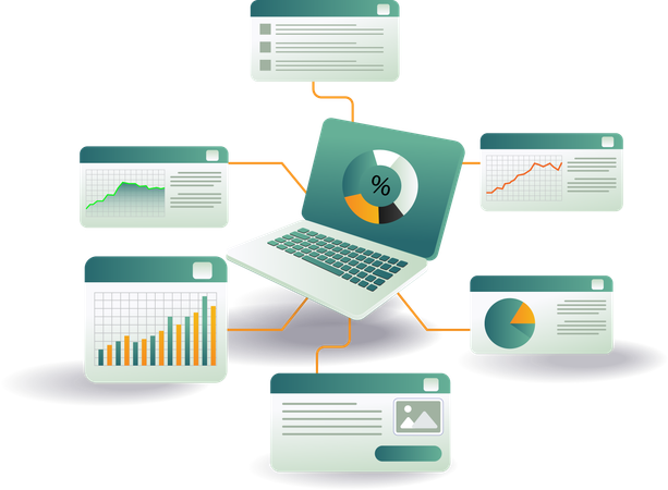 Um laptop exibindo vários gráficos e tabelas, representando análise de dados e estatísticas  Ilustração