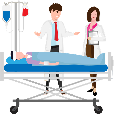 Um médico e uma médica analisam a condição do osso quebrado de um paciente e precisam de cirurgia urgente  Ilustração