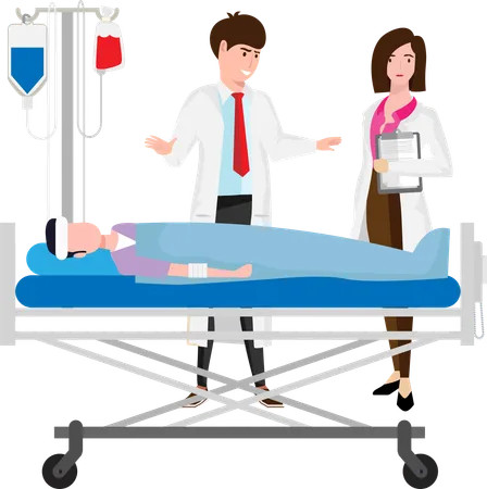 Um médico e uma médica analisam a condição do osso quebrado de um paciente e precisam de cirurgia urgente  Ilustração