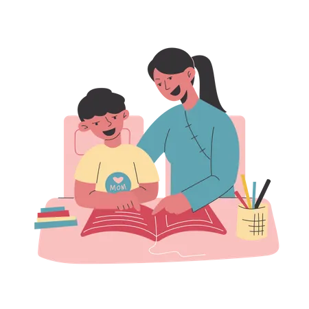 Um menino e sua mãe estão estudando juntos  Ilustração