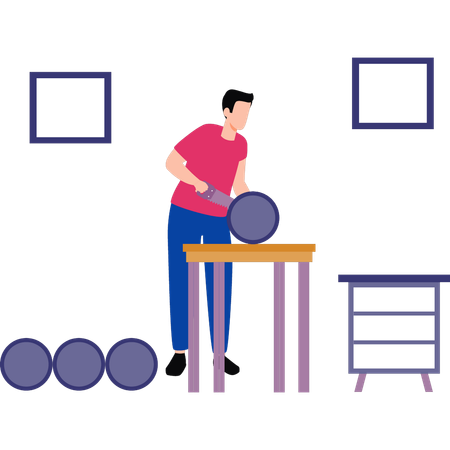 Um menino está cortando madeira com uma serra  Ilustração