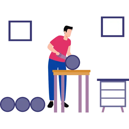 Um menino está cortando madeira com uma serra  Ilustração