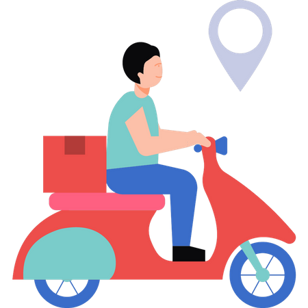 Um menino vai entregar um pacote em uma scooter  Ilustração