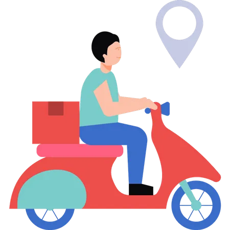 Um menino vai entregar um pacote em uma scooter  Ilustração