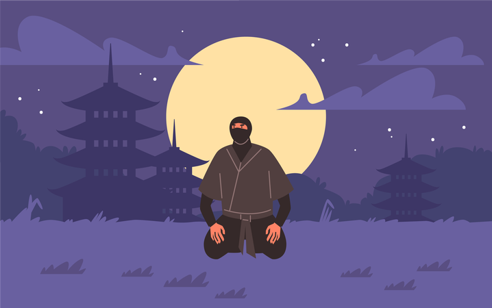 Um ninja em trajes tradicionais ajoelha-se sob o céu iluminado pela lua  Ilustração