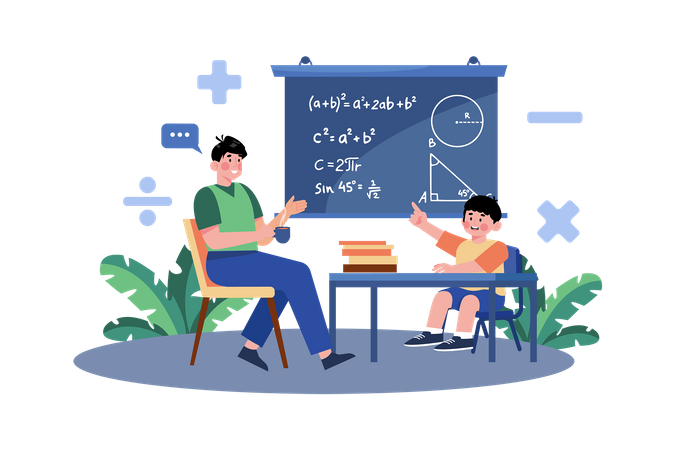 Um pai ajuda o filho com o dever de matemática  Ilustração