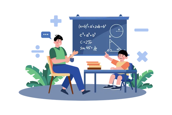 Um pai ajuda o filho com o dever de matemática  Ilustração