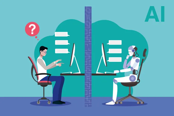 Um robô e um cientista enfrentando o teste de Turing  Ilustração