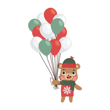 Um adorável urso vestido com uma roupa de inverno segura balões coloridos de Natal  Ilustração