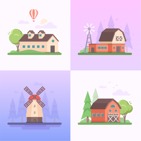 Uma coleção de quatro imagens de pequenas casas, moinhos de vento, árvores, balões, nuvens  Ilustração