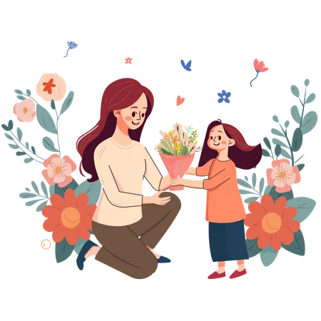 Uma criança dá um buquê de flores para sua mãe  Ilustração