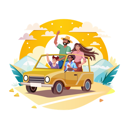 Uma família aproveita uma viagem de carro  Ilustração