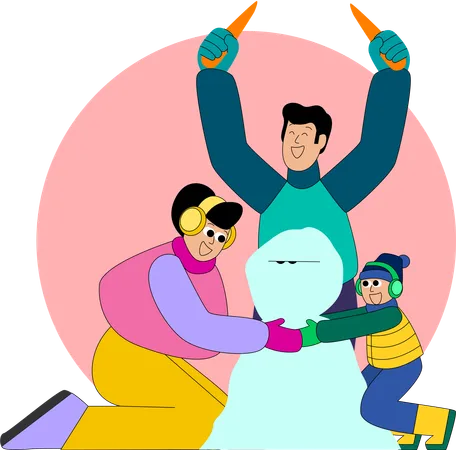 Uma família trabalha junta para construir um grande boneco de neve  Ilustração