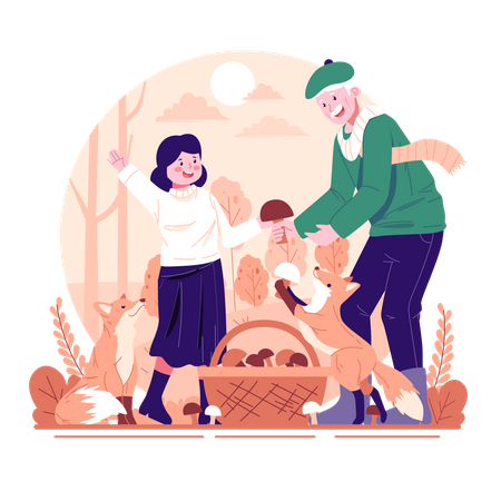Uma filha colhendo cogumelos com o avô  Ilustração