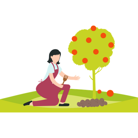 Uma garota cavando uma planta em um jardim ou fazenda perto de uma árvore frutífera  Ilustração