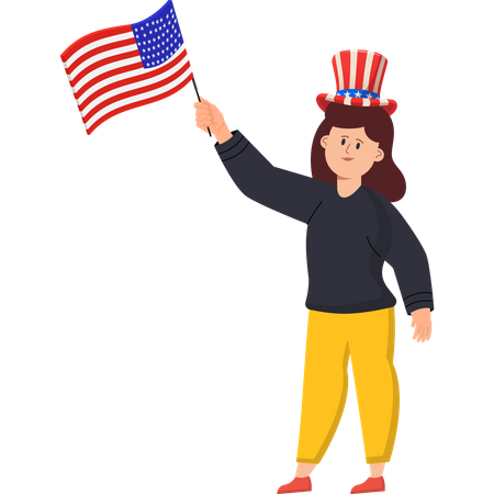Uma garota com a bandeira americana comemorando o Dia da Independência  Ilustração