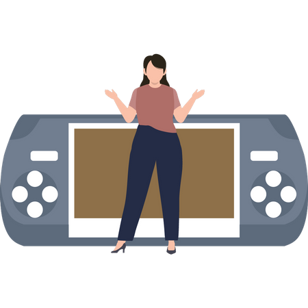 Uma garota está ao lado de um videogame  Ilustração