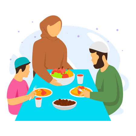 Uma mãe preparando e servindo sua família durante a refeição do Iftar  Ilustração