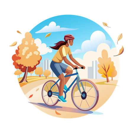 Uma mulher andando de bicicleta com bom tempo  Ilustração