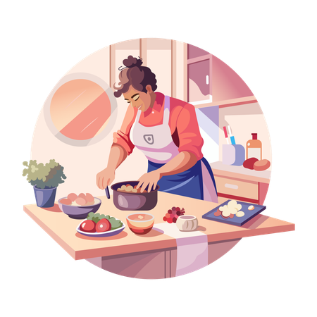 Uma mulher cozinhando comida na cozinha  Ilustração