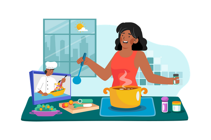 Uma mulher participa de uma aula matinal de culinária para aprender novas receitas e técnicas  Ilustração