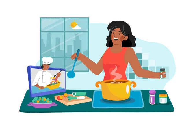 Uma mulher participa de uma aula matinal de culinária para aprender novas receitas e técnicas  Ilustração