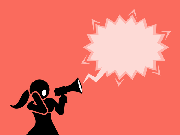Uma mulher gritando através de um megafone ou alto-falante  Ilustração